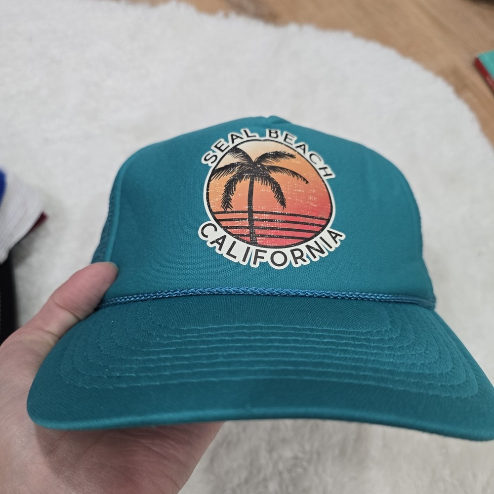 Vintage OTTO Seal Beach California Trucker Hat‎ Teal Mesh Snapback Palm Tree Sun
